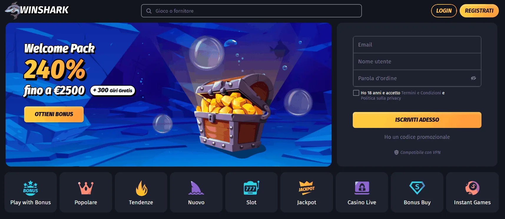Bonus di benvenuto al Winshark Casino